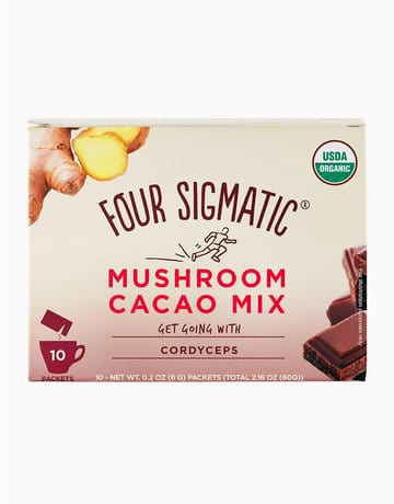 Cardboard carton of Four Sigmatic mushroom cacao mix sachets
