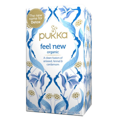 Pukka feel new light blue and white box