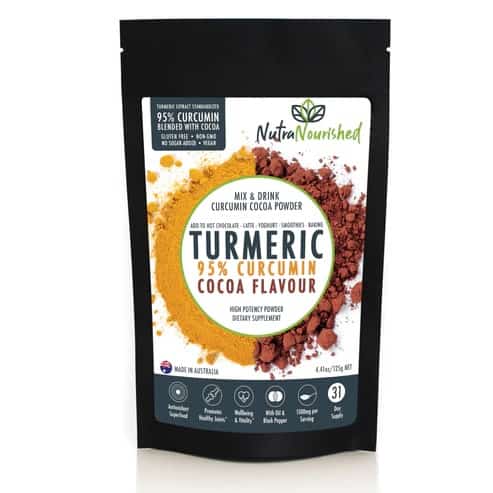 cocoa turmeric powder black sachet with turmeric and cocoa illustration