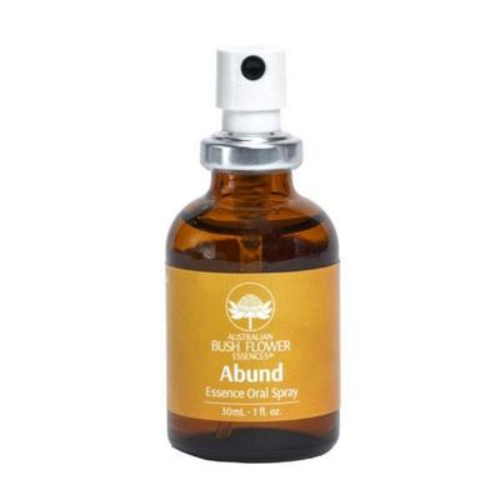 Abund oral spray bottle, brown bottle with yellow label and spray top